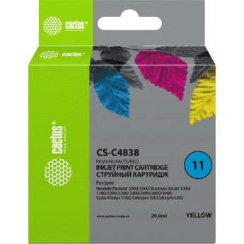 Струйный картридж CACTUS CS-C4838 (HP 11) для HP Business Inkjet 1000, 1100, 1200, 2200, 2250, 2800; Color Inkjet 1700, 2600, Color Printer 1700, 2600, DesignJet 10, 20, 50, 70, 100, 110, 120; OfficeJet 9110, 9120, 9130, k850, желтый, 29 мл Струйный картридж CACTUS CS-C4838 (HP 11) для HP Business Inkjet 1000, 1100, 1200, 2200, 2250, 2800; Color Inkjet 1700, 2600, Color Printer 1700, 2600, DesignJet 10, 20, 50, 70, 100, 110, 120; OfficeJet 9110, 9120, 9130, k850, желтый, 29 мл