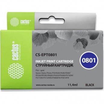 Струйный картридж CACTUS CS-EPT0801 (T0801) для принтеров Epson Stylus Photo P50, PX650, PX660, PX700, PX700w, PX710, PX720, PX800, PX800fw, PX810, PX820, R265, R285, R360, RX560, RX585, RX685, черный, 11,4 мл Струйный картридж CACTUS CS-EPT0801 (T0801) для принтеров Epson Stylus Photo P50, PX650, PX660, PX700, PX700w, PX710, PX720, PX800, PX800fw, PX810, PX820, R265, R285, R360, RX560, RX585, RX685, черный, 11,4 мл