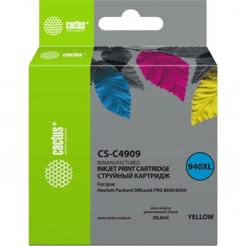 Струйный картридж CACTUS CS-C4909 (HP 940XL) для HP OfficeJet 8000 Pro, 8500, 8500a, 8500a Plus, увеличенной емкости, желтый, 30 мл Струйный картридж CACTUS CS-C4909 (HP 940XL) для HP OfficeJet 8000 Pro, 8500, 8500a, 8500a Plus, увеличенной емкости, желтый, 30 мл