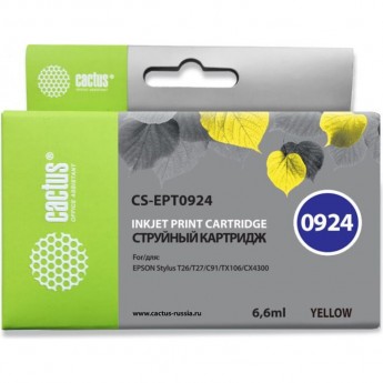 Струйный картридж CACTUS CS-EPT0924 (T0924) для принтеров Epson Stylus C91, C240, CX4300, T26, T27, TX106, TX109, TX117, TX119, желтый, 6,6 мл